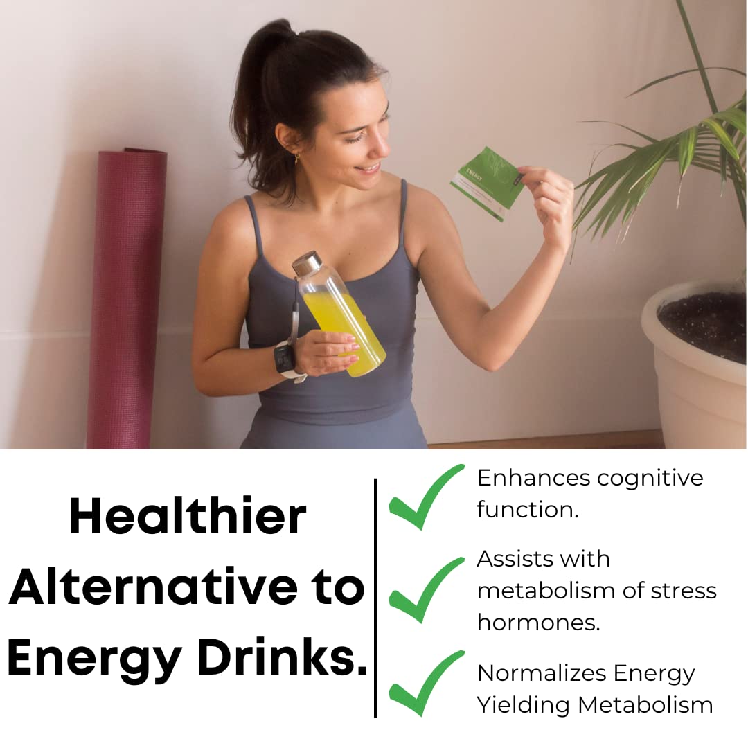 Natural Energy Drink Mix - 124mg Caffeine from Ginseng & Guarana | Sugar-Free, No Crash Pre-Workou Powder | B Vitamins, Magnesium & Zinc | Focus & Performance | Keto, Vegan | 10 Sachets - Image 3