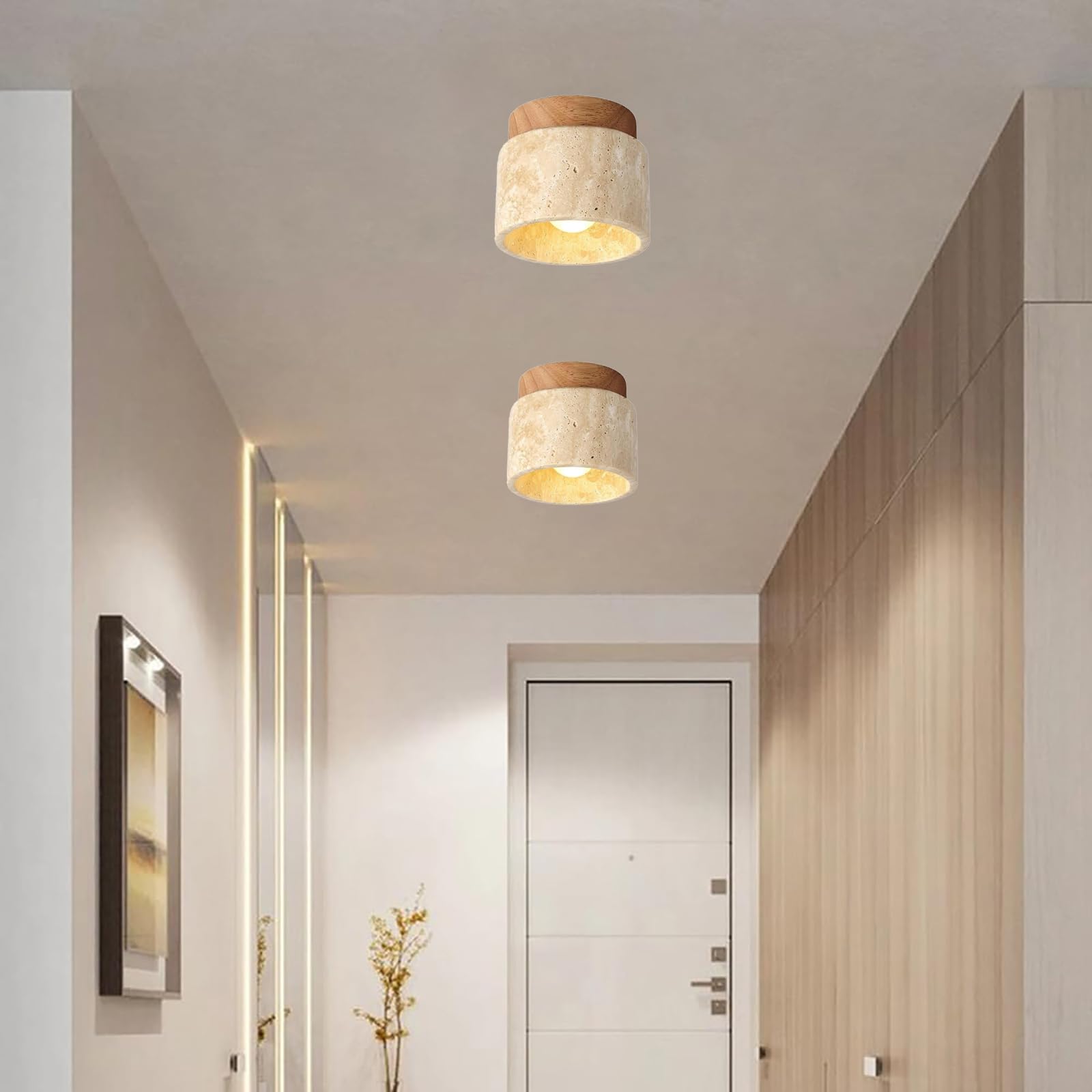 Lampa sufitowa Vintage Kreatywność, Trawertyn Żółty Naturalny Abażur Lampa sufitowa Drewno Wiszące Do Salonu Kuchnia Korytarz Sypialnia