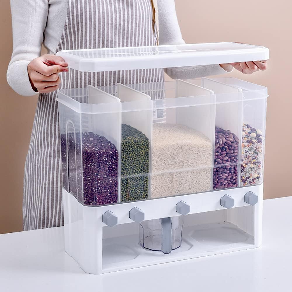 Cereal Dispenser Plastic Clear Dry Food Dispenser with Lid 5 Grid Rice Dispenser Storage Box Rice Bucket Container: Home & Kitchen