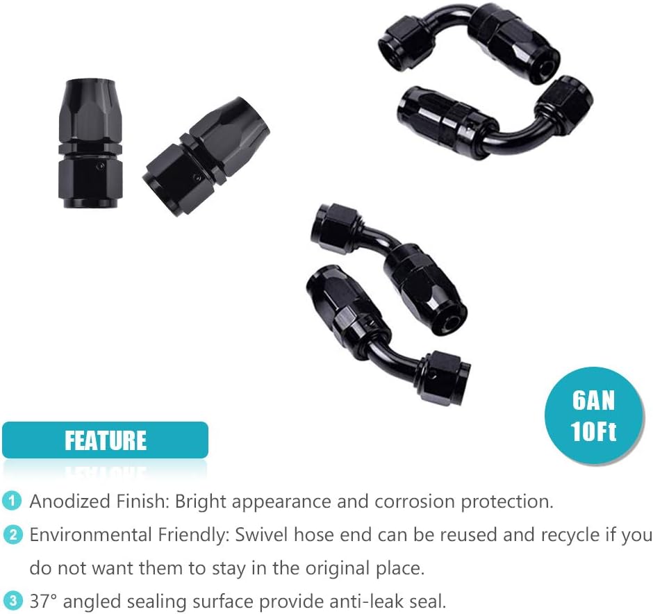 10FT 6 AN 3/8" Nylon Stainless Steel Braided PTFE E85 Tube Fuel Line Fittings Kit with 6PCS Swivel Fuel Hose Fitting Adapters : Automotive