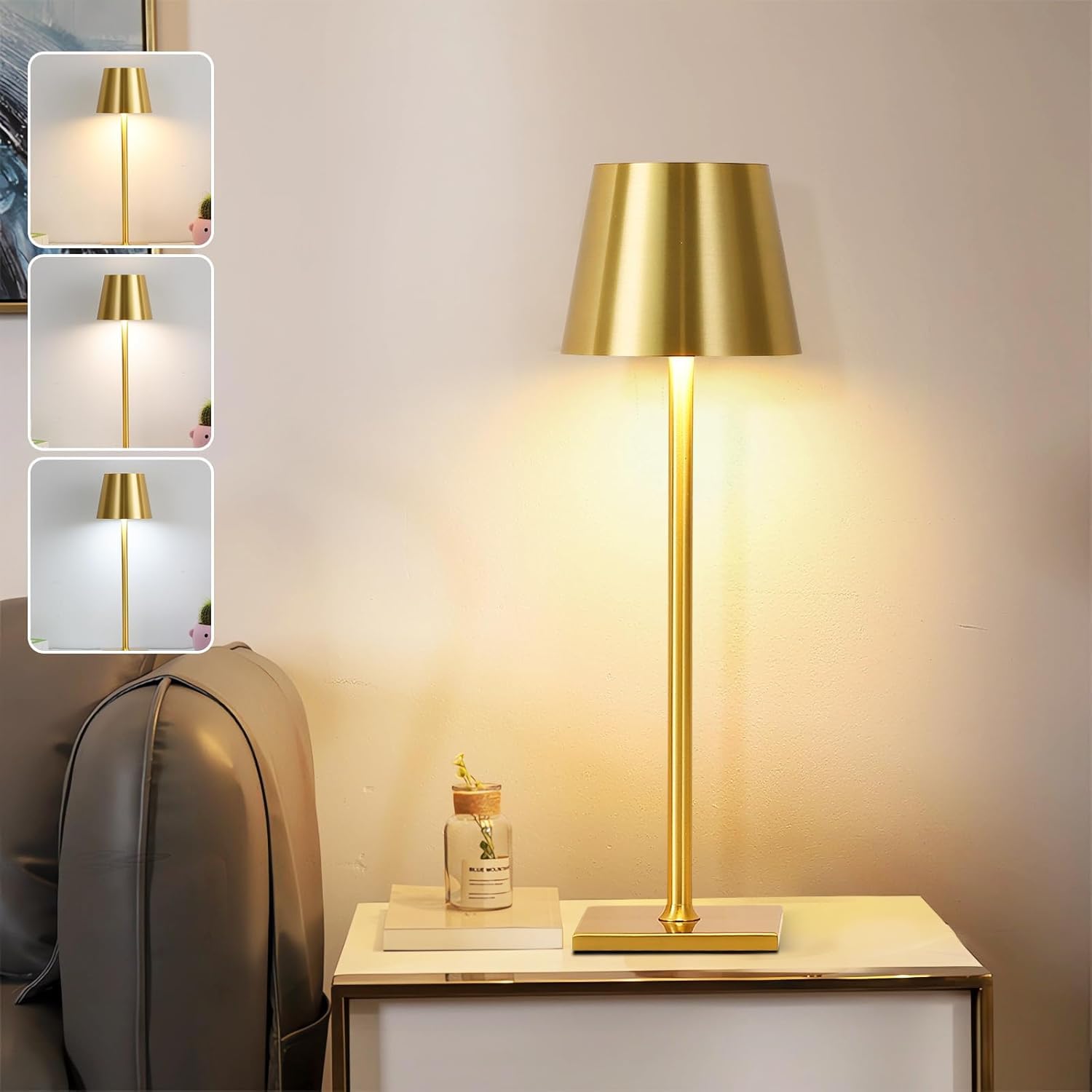 Cordless Table Lamp,Rechargeable Copper Color Desk lamp 5000mAh Battery Operated Table Lamp Metal Shell Touch Lamps for Bedrooms Restaurant Bars Party Camping Coffee Shop