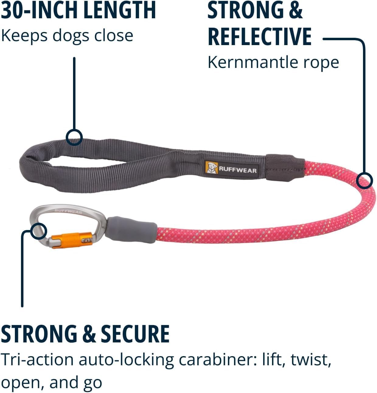 Ruffwear, Knot-a-Long Dog Leash, 30-inch Short Rope Lead, Pink