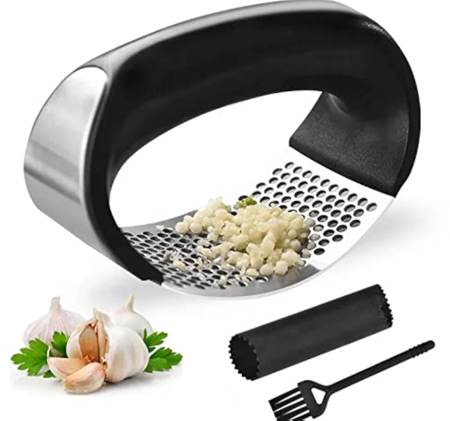 Stainless Steel Garlic Press Rocker Set with Silicone Garlic Peeler & Cleaning Brush – Garlic Chopper, Mincer, Grater, Crusher – Easy for Crushed Cloves – Rust-Resistant, Black