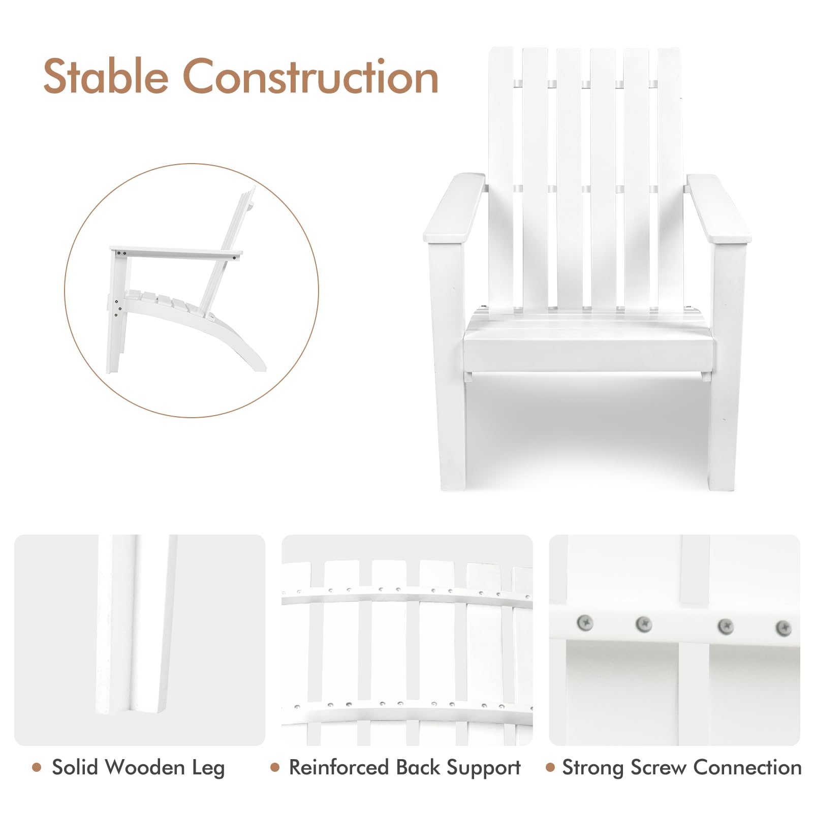 KOMFOTTEU Silla Adirondack de Madera de Acacia, Silla de Jardín con Respaldo y Reposabrazos, Sillón Ergonómica con Carga de hasta 160 kg, Silla de Relajación para Balcón, Terraza (Blanco)