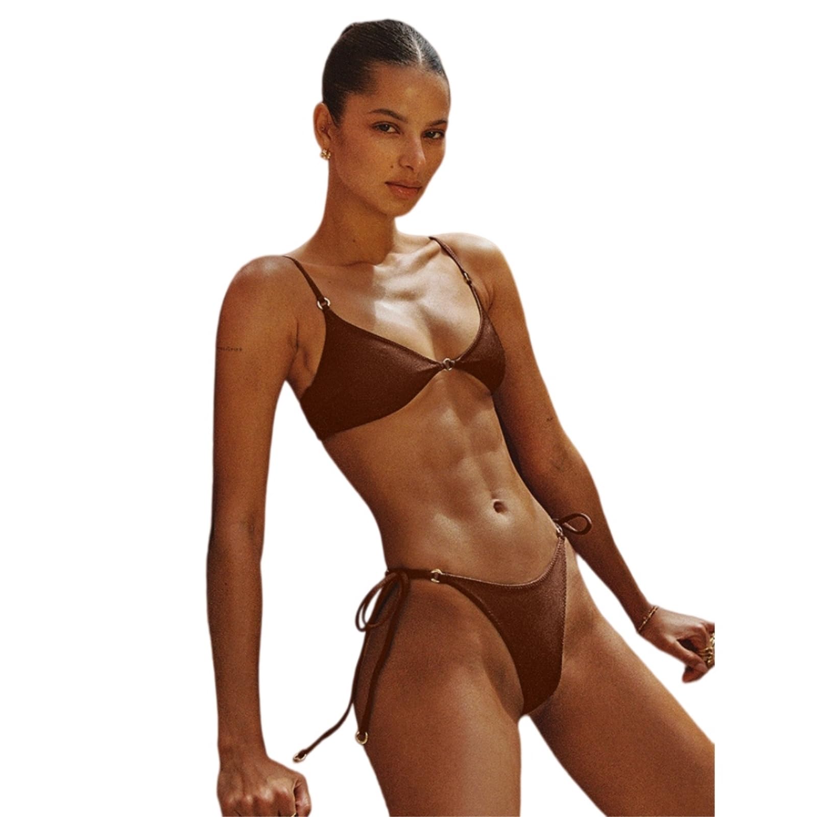 Bikini Mujer Mujeres Anillo Detalle Conjunto Alto Corte Dos Piezas Traje De Baño Ropa Playa-3351-wh1-s