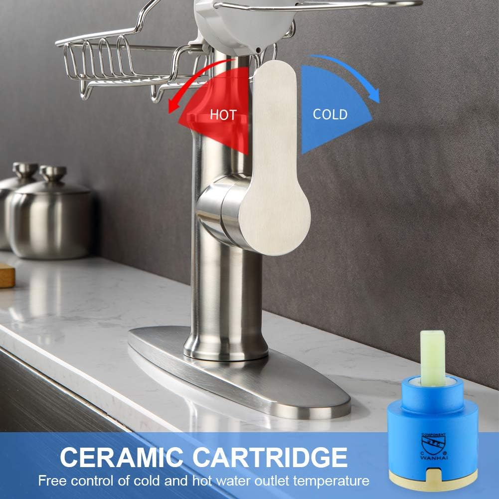 Get Cheap Price GUSITE Brushed Nickel Kitchen Sink Faucet with Pull Down Sprayer, Single Handle Stainless Steel Pull Out Kitchen Faucet for Camper Farmhouse RV Kitchen Sink, with Deck Plate and Sponge Basket (B)