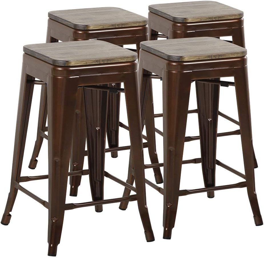 Mimo Life Set Of 4 Indoor Outdoor Stackable Counter Height Barstool, 24 Inches High, Bronze With Wood Top