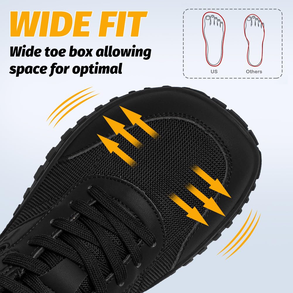 HOBIBEAR Womens Trail Running Barefoot Shoes Mens Wide Toe Box Minimalist Sneakers Zero Drop Comfortable Walking All Black