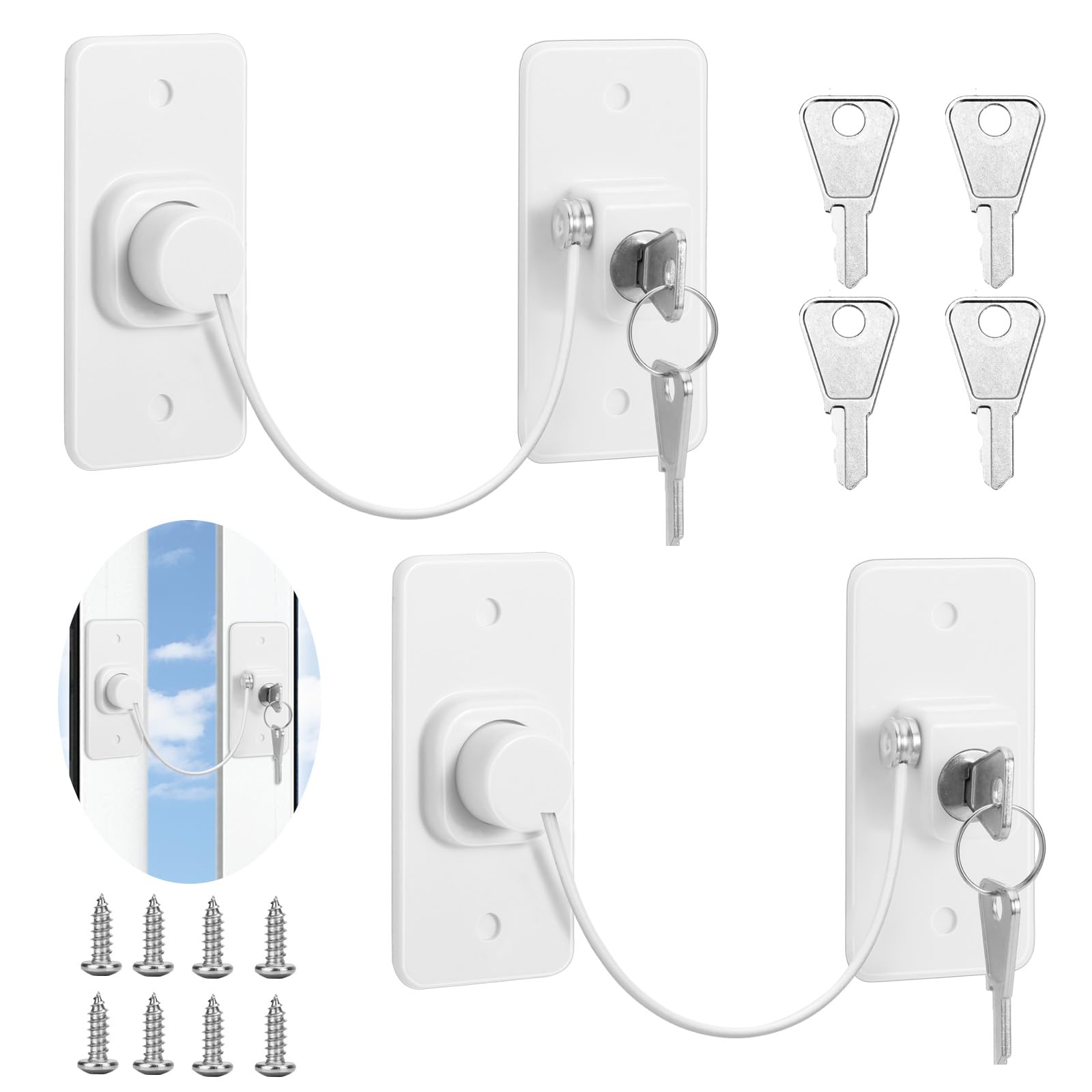 2Pcs Window Locks,Window Locks for Upvc Windows,Self-Adhesive and Screw,Refrigerator Lock with Key,Window Safety Restrictors,Pet Child Locks Refrigerator Lock for Childproof