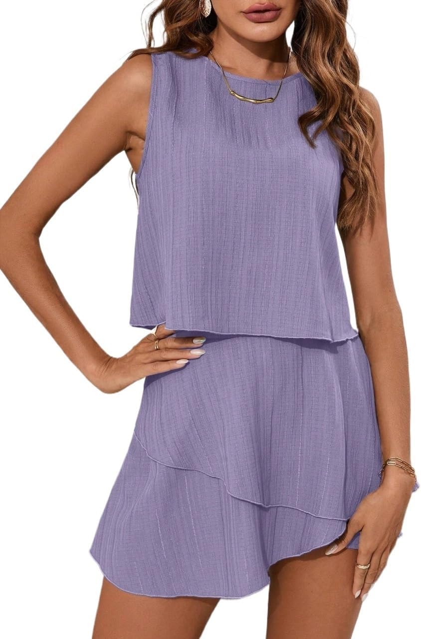 Women's Round Neck 2-Piece Casual Set Solid Color Top And Skirt Shorts