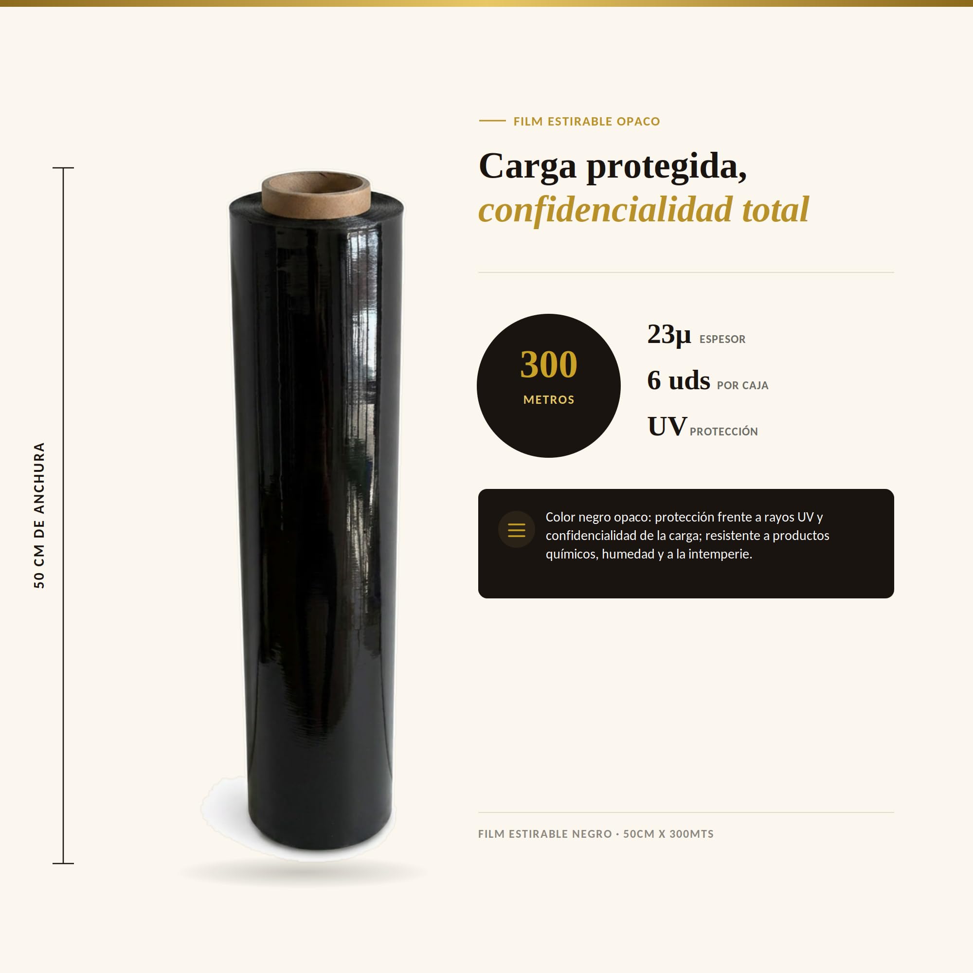 Film Estirable Negro Manual – Pack 6 Rollos 50cm x 300m x 23 Micras | 1800mts Totales | Embalaje Industrial, Mudanzas, Estudios de Tatuaje y Paletizado Profesional