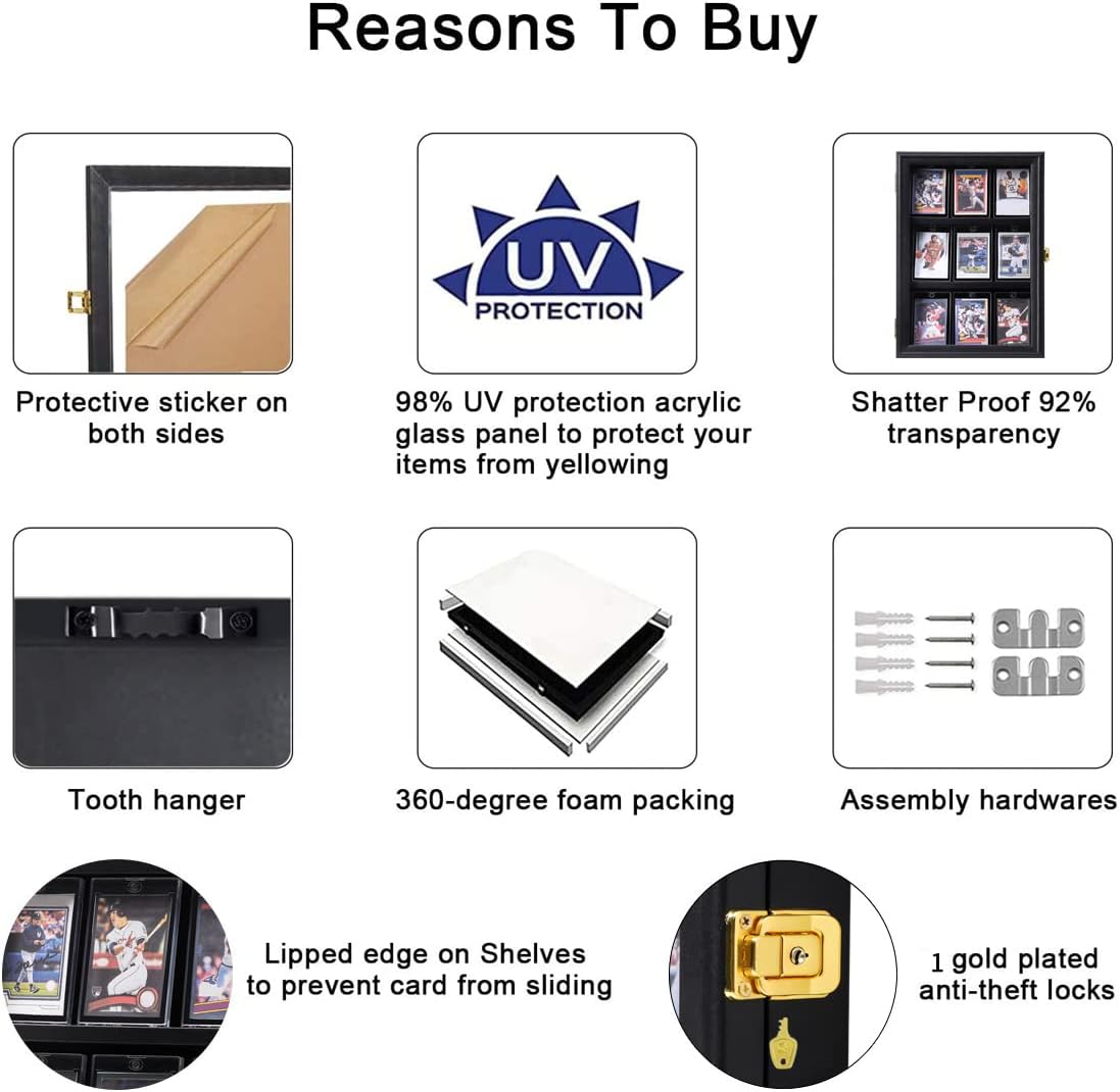 Verani Baseball Card Display Case - Sports Card Display Frame - Holds Sport Cards with UV Protection Clear View Lockable Wall Cabinet for Football Basketball Hockey Trading Card Black - Image 6