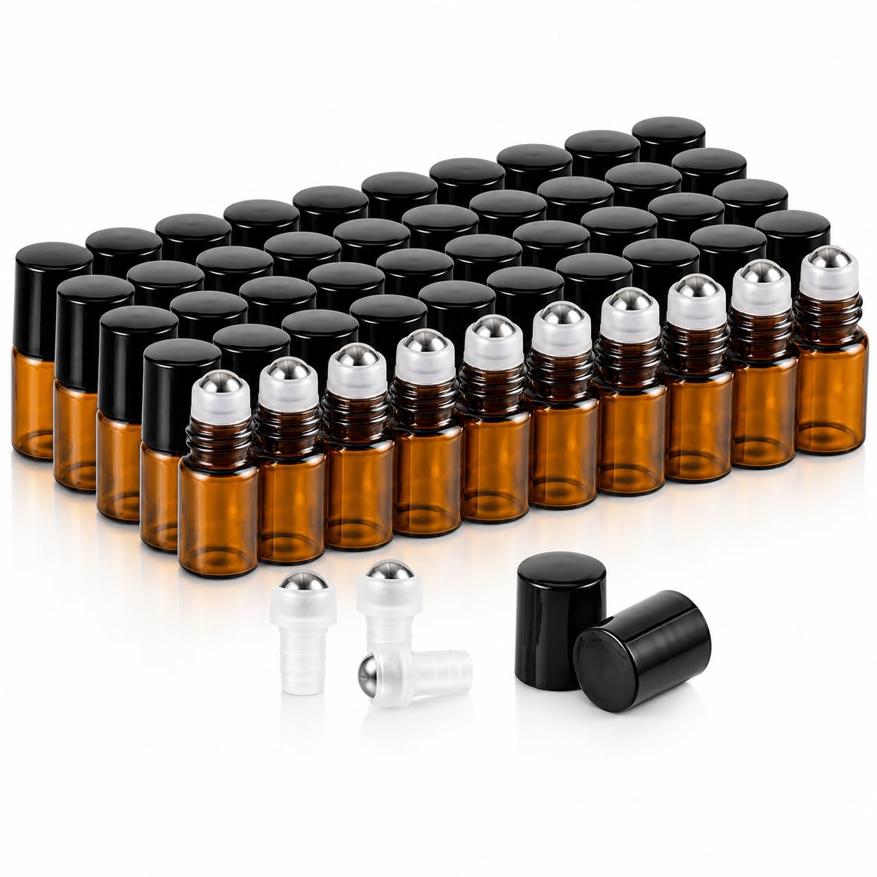 CYEER Lot de 50 Flacons Roll-on en Verre Ambré 2ml - Mini Bouteilles à Huiles Essentielles avec Billes en Acier Inoxydable - Flacons Vides Rechargeables pour Parfum DIY, Aromathérapie, Voyage et Échan