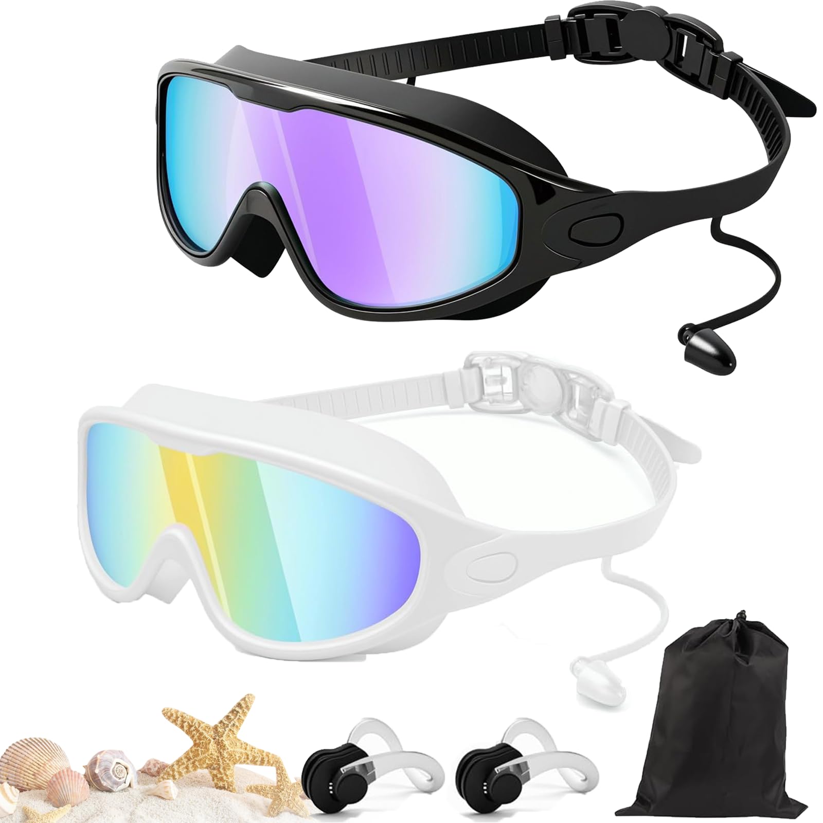 Qosneoun Splashy Eyes Goggles, Goggles with Ear Plugs, No Leaking Swim Glasses for Adult, Kids, HD Large Frame Waterproof Anti-Fog Swimming Goggles (J,Adults)