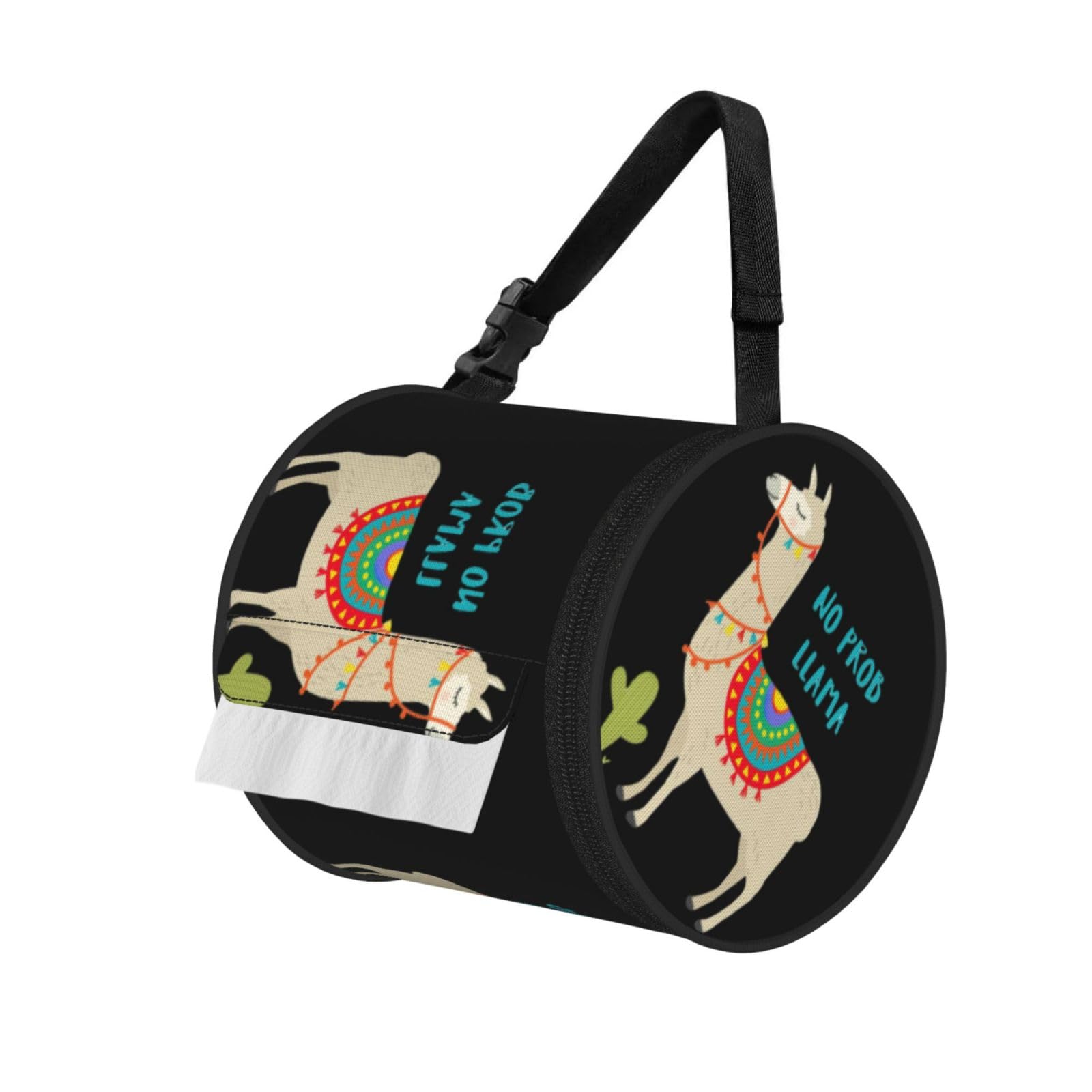 Cute Cartoon Llama Cactus Printed Roll Paper Carrier Bag, Foldable Oxford Cloth Tissue Case for Camping Hiking Backpack