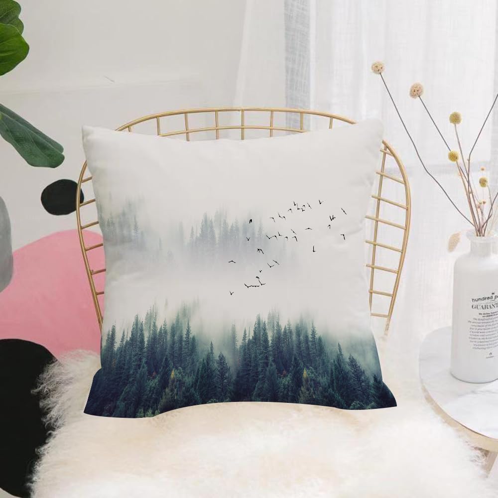 HYMSXW Cushion Cover,Throw Pillow Case Home Decorative for Living Room Bedroom Sofa Chair 20X20 Inch,Forest and birds in the fog, birds flying through the clouds,Pillowcase 50X50cm