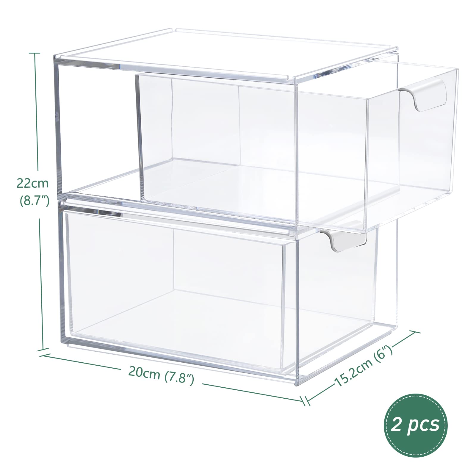 Greentainer 2er-Set Stapelbare Aufbewahrungsboxen mit Griff | Klare, transparente Schubladen-Organizer für Bad, Büro, Küche | Aus stabilem Acryl