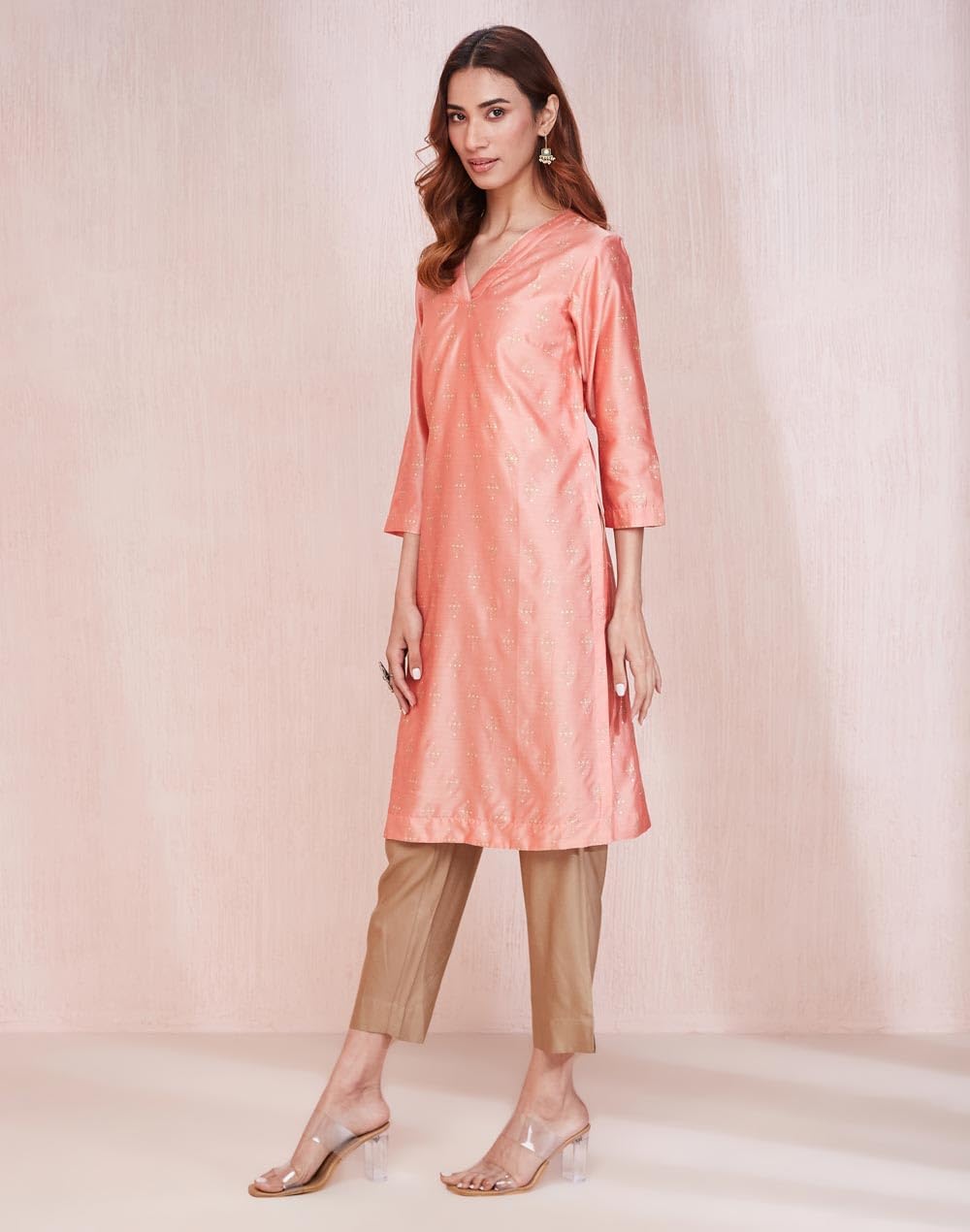 Fabindia Women's Cotton Silk Printed Regular Kurta (1037334Peach_Peach