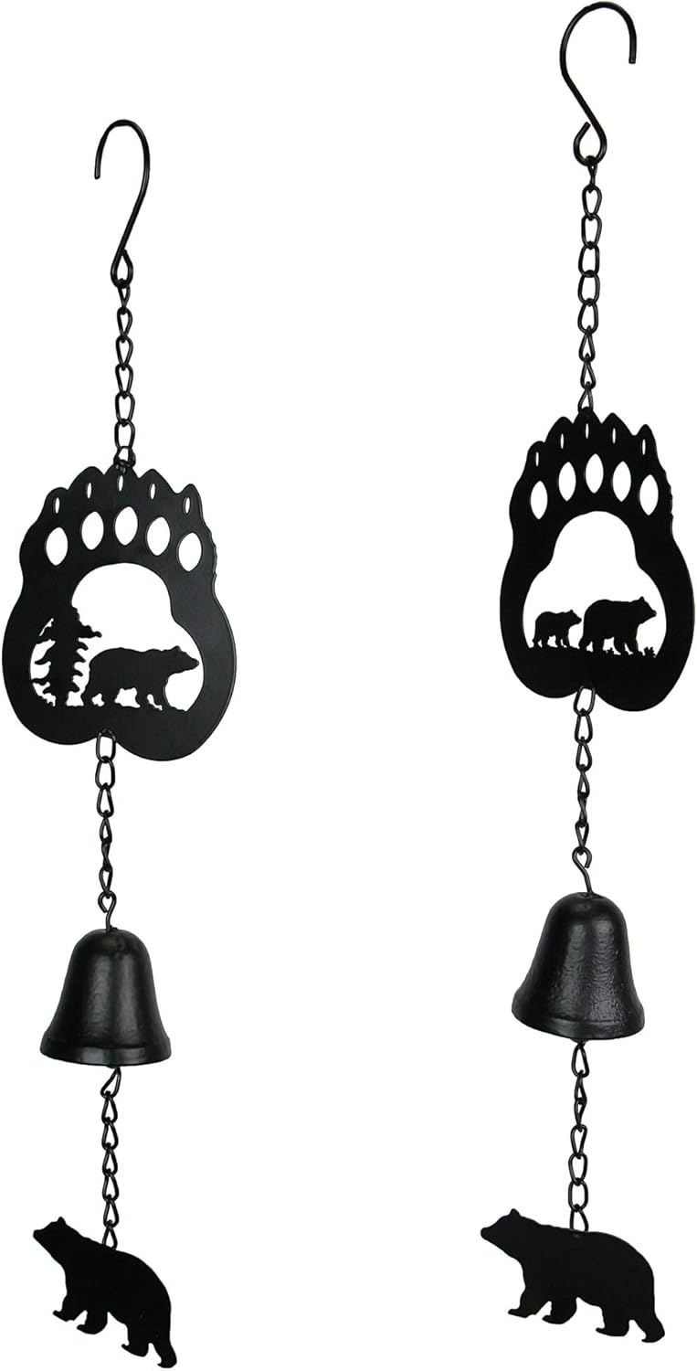 Things2Die4 Set of 2 Rustic Lodge Style Black Bear Hanging Wind Chimes with Cast Iron Bells