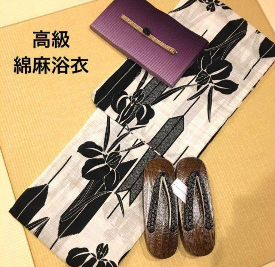 ◆最高級【綿麻浴衣】黒アヤメ菖蒲の品ある涼しゆかた◆着物としても着用可◆古典花柄 ◇最高級【綿麻浴衣】黒アヤメ菖蒲の品ある涼しゆかた◇着物