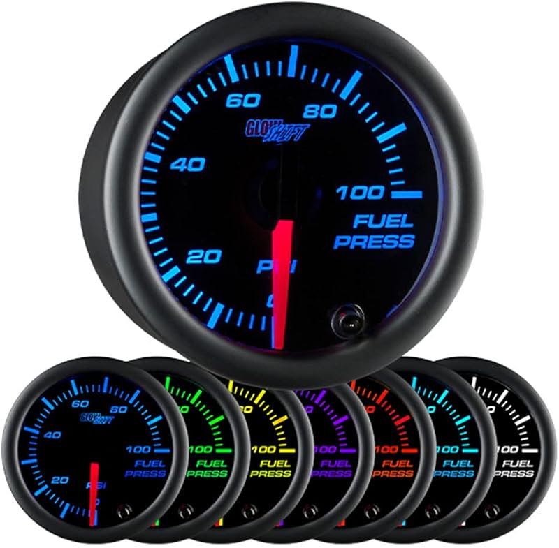 Manômetro de pressão de combustível GlowShift Black 7 Color 100 PSI, 52 mm – Kit com 1 unidade