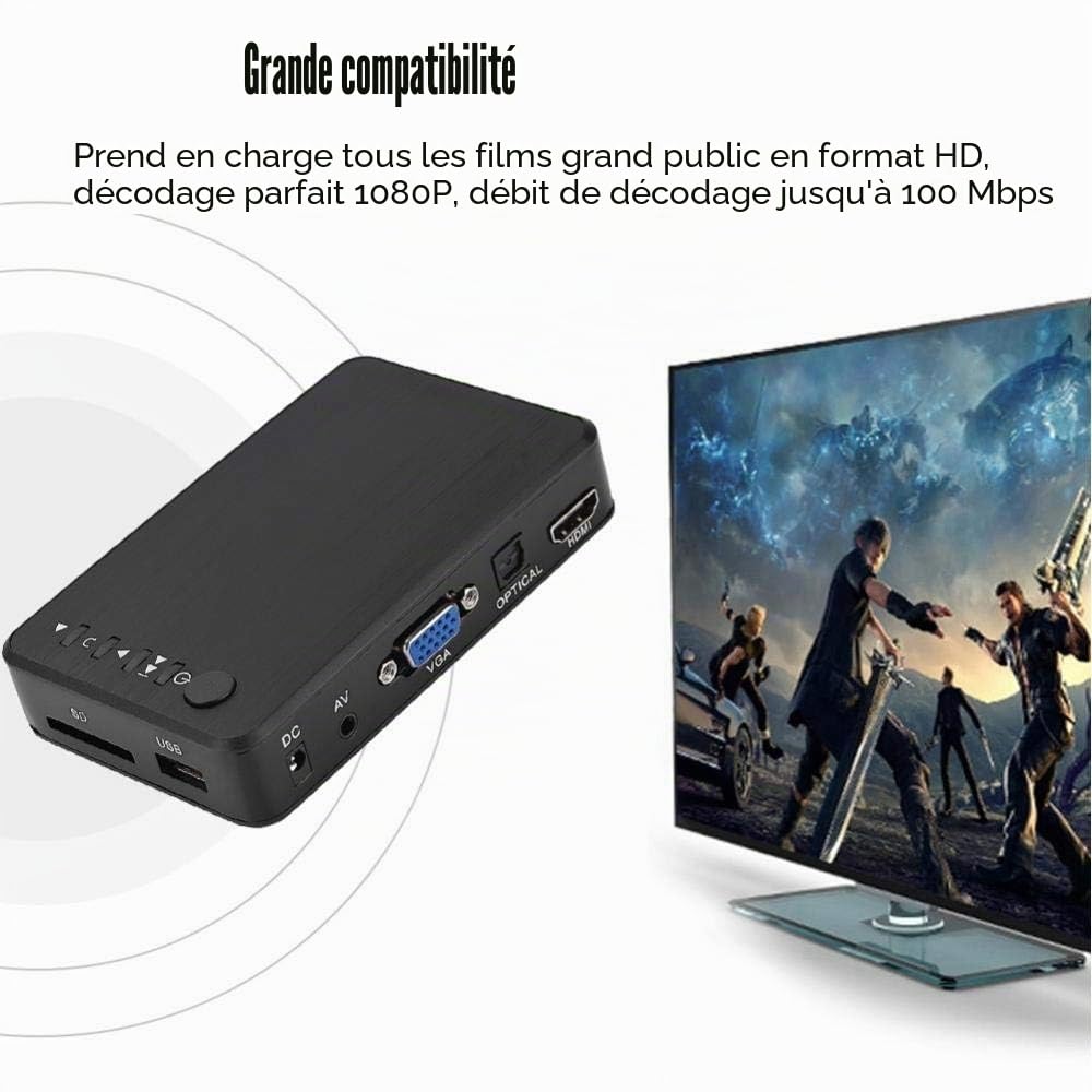 Lecteur multimédia 1080P, Lecteur multimédia 1080P HD TV Audio et vidéo 110V-240V avec télécommande Infrarouge pour RM/RMVB/MKV/AVI, clés USB et Cartes SD(VDE, EU Plug)