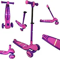 Patinete Infantil Unissex Dobrável e Ajustável 3 Rodas Com Luzes Em Led Cor Rosa DreamLight