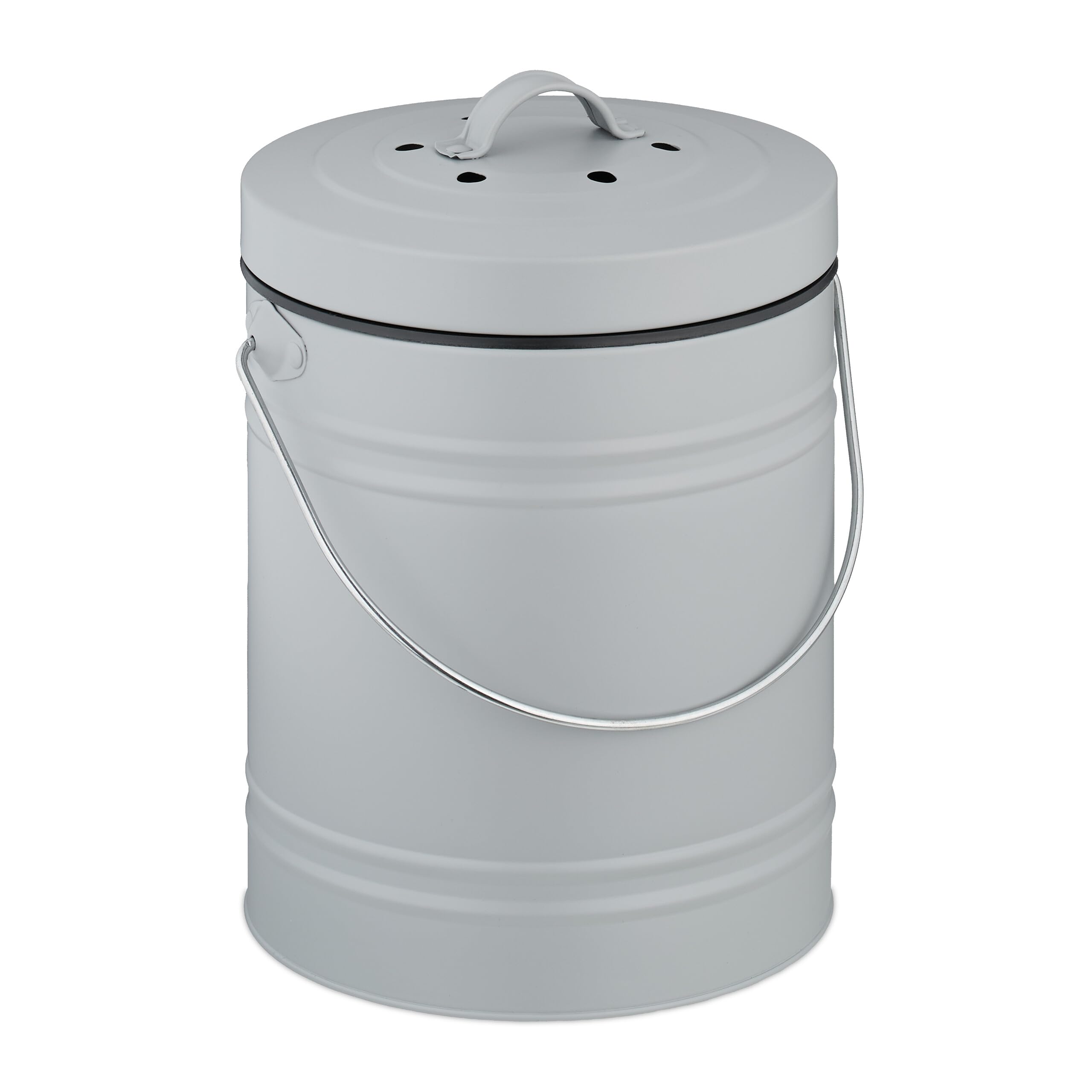Relaxdays Kitchen Compost Bin, 5 Litres, Iron, Odour Filter, with Lid & Handle, Organic Food Waste Caddy, Round, Grey