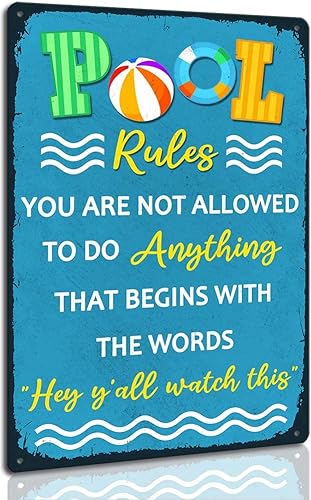 Divertido letrero de reglas de la piscina con aspecto retro, placa de metal de aluminio para piscina, decoración de fiesta, decoración al aire