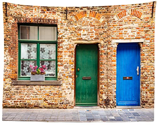 Tapisserie murale vieux mur de brique CORFOTO 300x250cm fond vert bleu