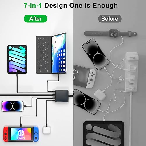 Miniatura 7 de Cargador USB C, estación de carga rápida USB C de 200 W y 7 puertos, cargador de laptop de 65 W compatible con MacBook Pro/Air, iPad, iPhone