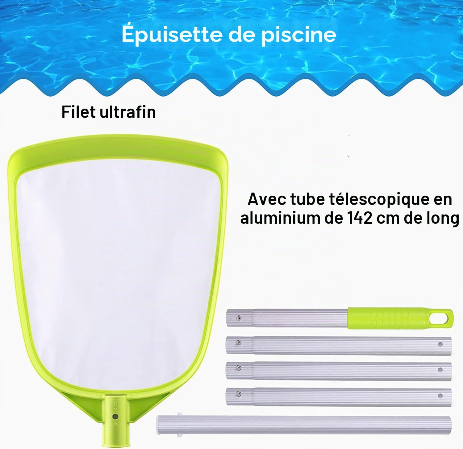 Épuisette de piscine tube ondulé aluminium 142 cm maille ultra fine