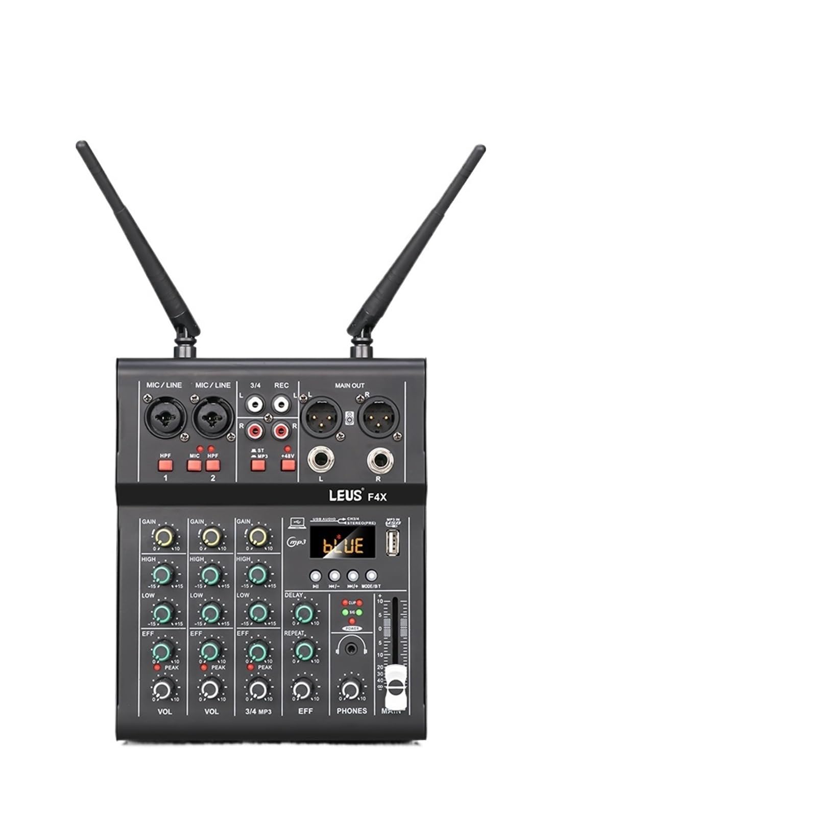 Mixer per DJ, F4X Mixer a 4 canali con Doppio Microfono Wireless UHF Console DJ Mixaggio for la Registrazione in Studio di PC for Feste