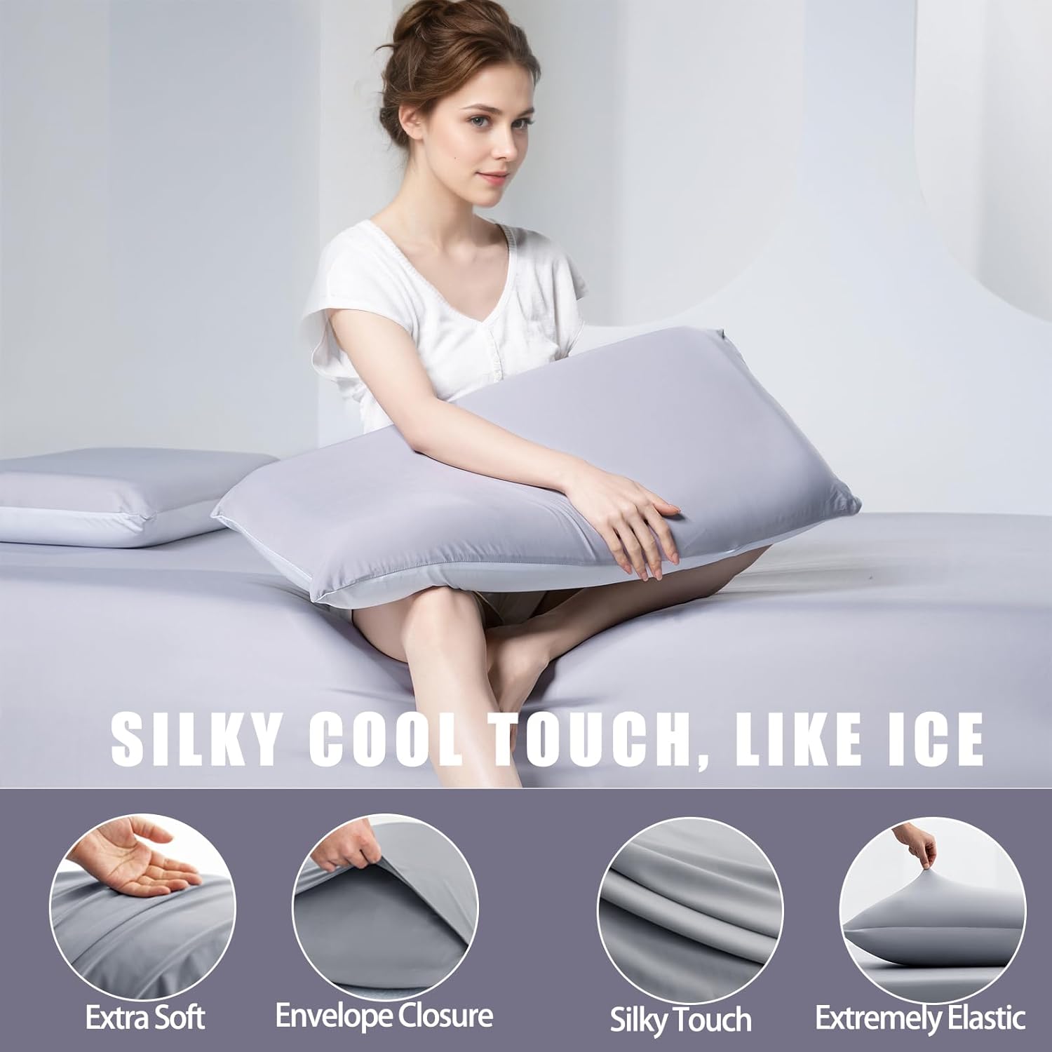 TELUS Cooling Pillowcases Queen Size 2-Pack, Silky Soft Pillow Case with Envelope Close, Stay Cool All Night Pillow Cover for Hot Sleepers and Night Sweats, 20x30 Inch,Grey - Image 3