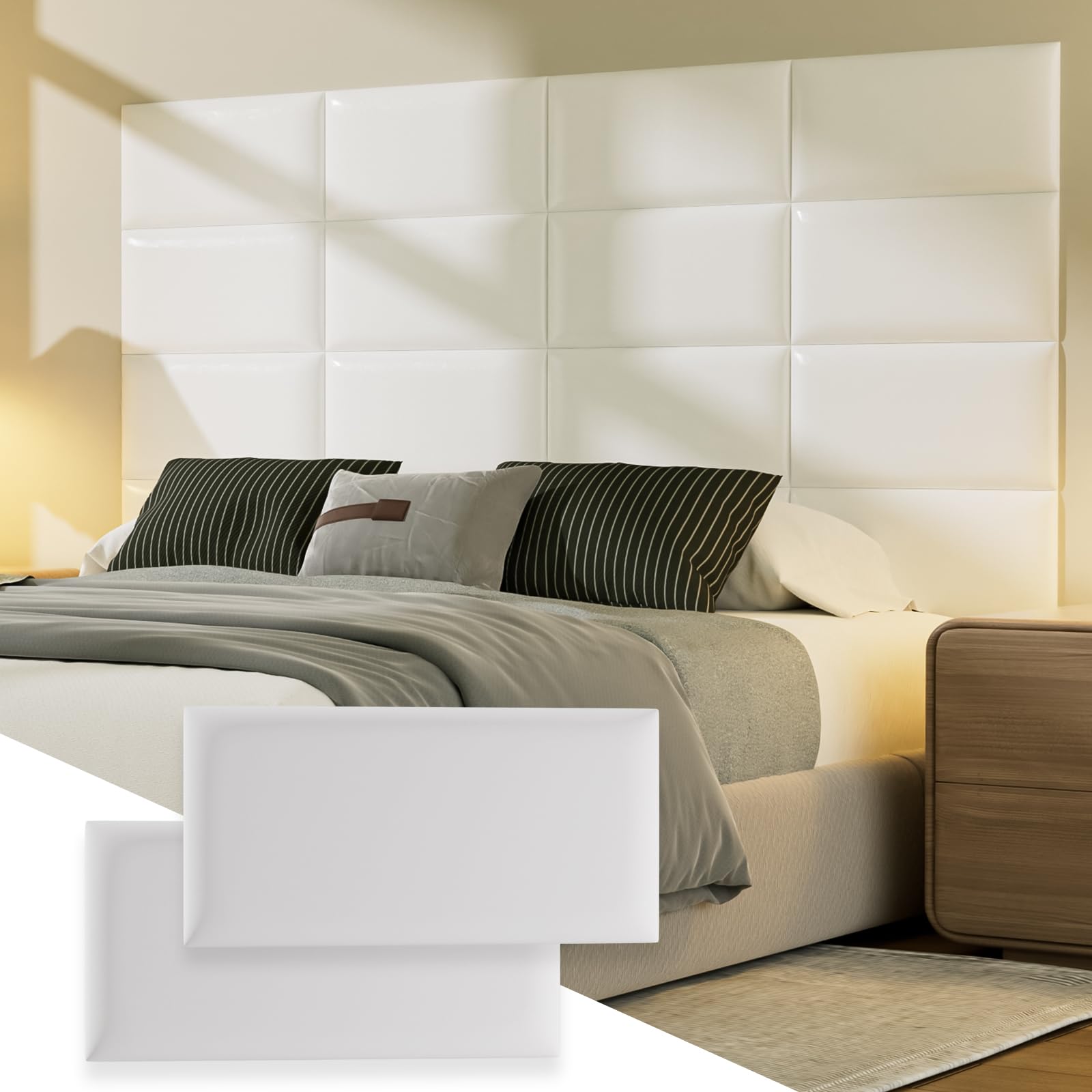 Elvone Upholstered Headboard Panels, 12 Panels Sized 7.8" x 15.7" Peel and Stick Padded Wall Panels for Kids, 3D Anti-Collision Wall Mounted Bed