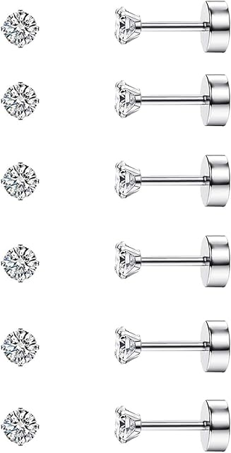 Diamday 6 Pairs 20G Stud Cartilage Earring for Women Men Girls 2-5mm Flat Back Earring Set 316L Surgical Steel Tragus CZ Small Helix Piercing Jewelry Hypoallergenic