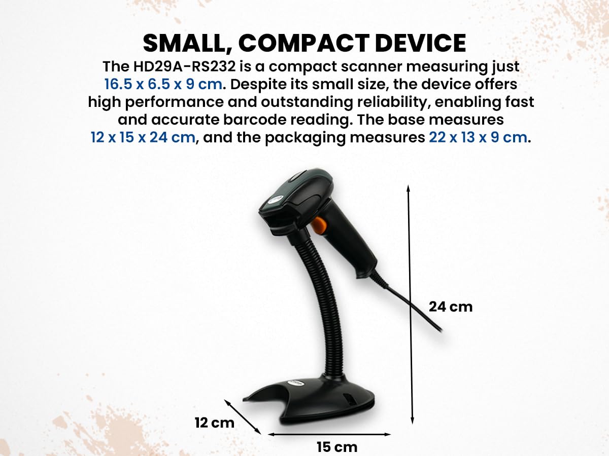 Barcode Scanner, RS232 Cable, Ergonomic Design, Fast Code Reading, Stand included, Auto Scanning, IP54 Protection - Image 2