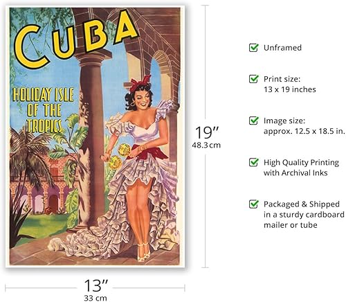 Miniatura 10 de Cuba  Isla de los Trópicos  Bailarina cubana con Maracas  Póster de viaje vintage 1949  Impresión artística maestra (sin marco) 9 x 12 pulgadas