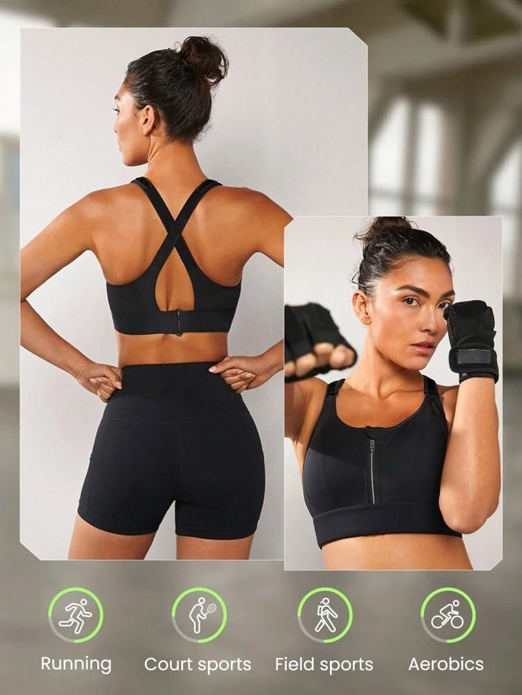 Image of Women's High Impact Sports Bra with Zip Front High Support Wireless Adjustable Plus Size for Large Breasts