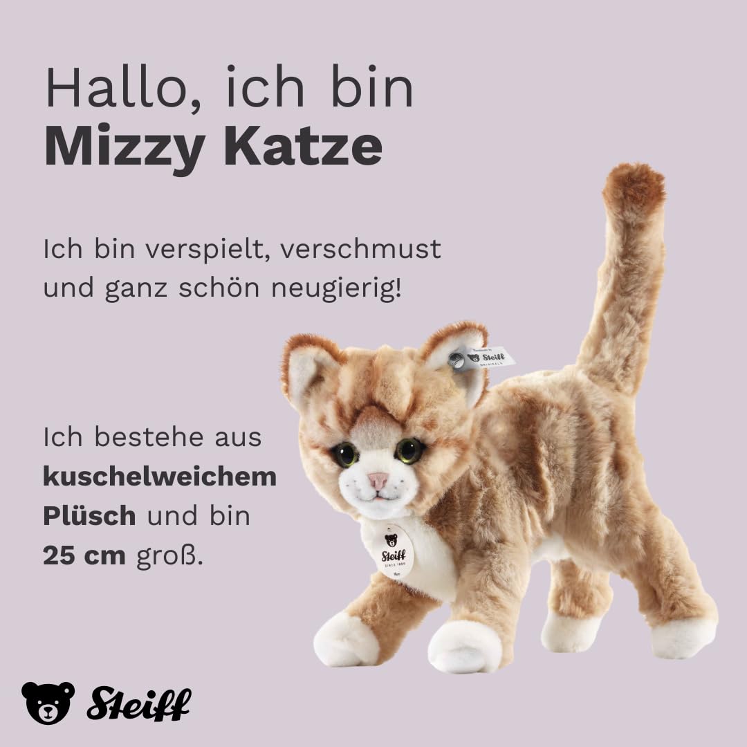 Steiff Kuscheltier Mizzy Katze, Süßes Stofftier mit Kunststoffaugen, Kinder, Jungen & Mädchen, Plüschtier 25 cm, Beige, 099342