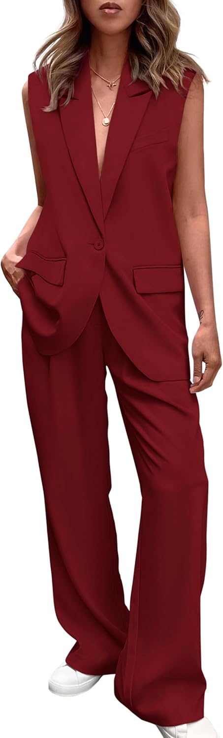 PRETTYGARDEN Women's 2 Piece Outfits Sleeveless Suit Vest and Wide Leg Pants Business Casual Blazer Sets - (color: Wine Red, size: X-Large)