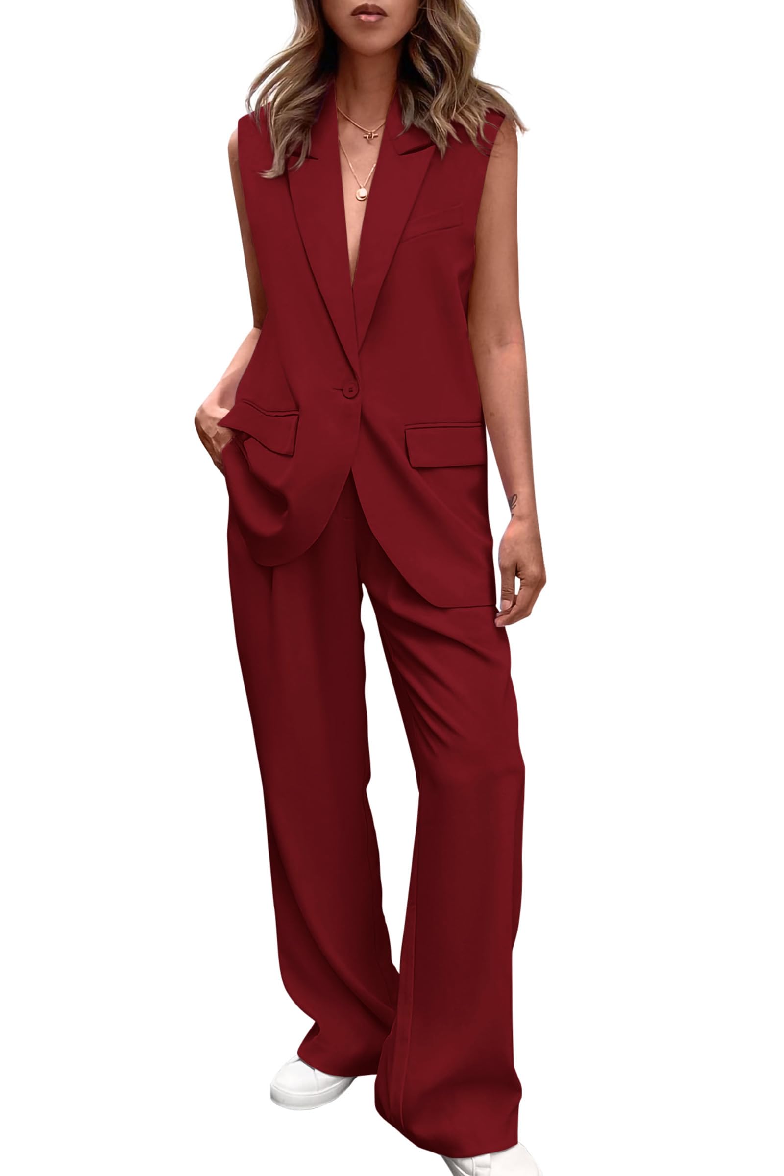 PRETTYGARDEN Womens 2 Piece Outfits Sleeveless Suit Vest and Wide Leg Pants Business Casual Blazer Sets