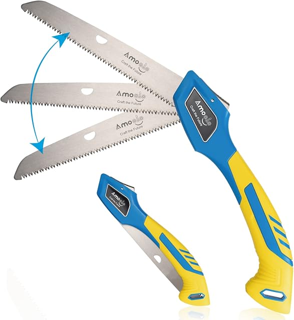 amoolo 25cm(10") Folding Pruning Saw, SK-5 Steel Blade Hand Saw for Wood Camping, Dry Wood Pruning Saw with Hard Teeth, Up to 18cm(7") Cutting Branches