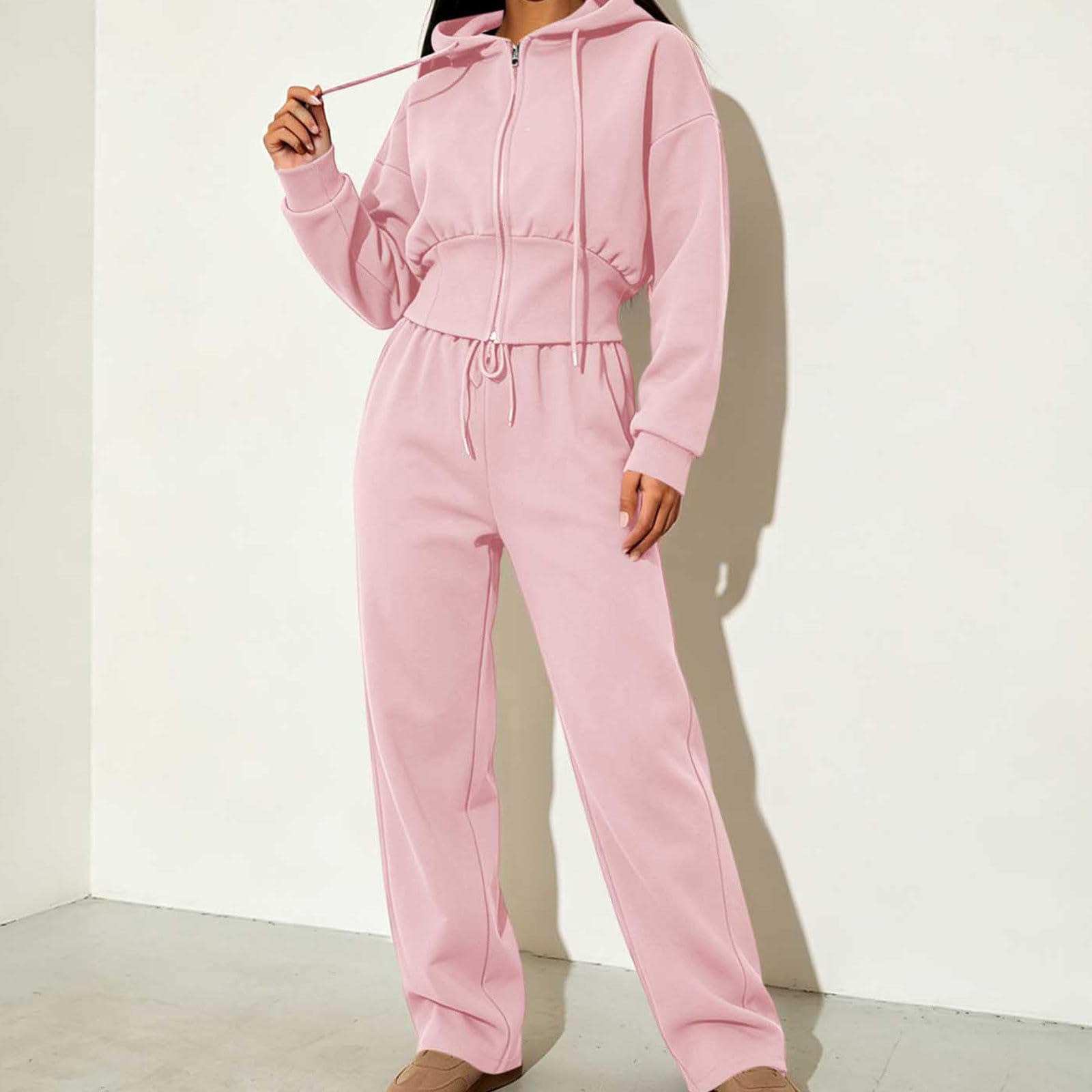 Tuta da donna Set 2 pezzi Casual Lounge Wear Set da donna Zip Up Felpe con cappuccio ritagliate Gamba dritta Pantaloni della tuta Palestra Allenamento Tute atletiche Allentato Activewear Tempo libero