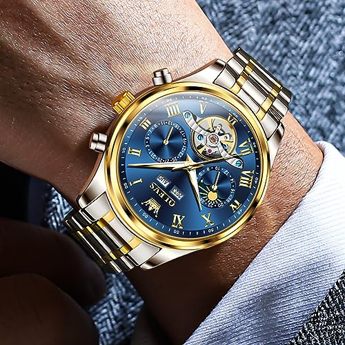 Image of OLEVS Automatic Men Watch Self Winding Mechanical Moon Phase Business Luxury Diamond Dress Stainless Steel Waterproof Luminous Mens Wrist Watch
