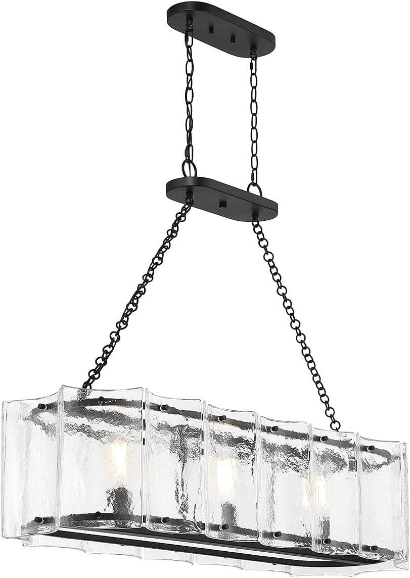 Savoy House 1-8203-3-89 Genry Coastal Farmhouse Clear Water Piastra Glass Linear Chandelier, 3-Light 180 Total Watts, 32" H x 13" W, Matte Black