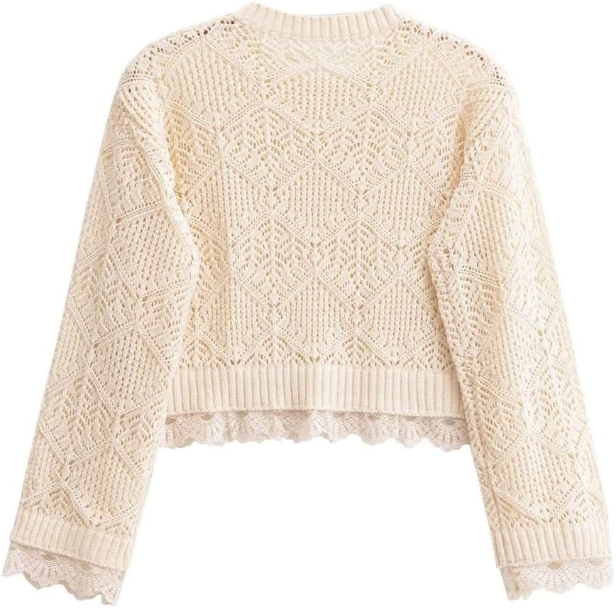 Women's Hollow Round Neck Lace Trim Spliced Knit Sweater Fall Tops