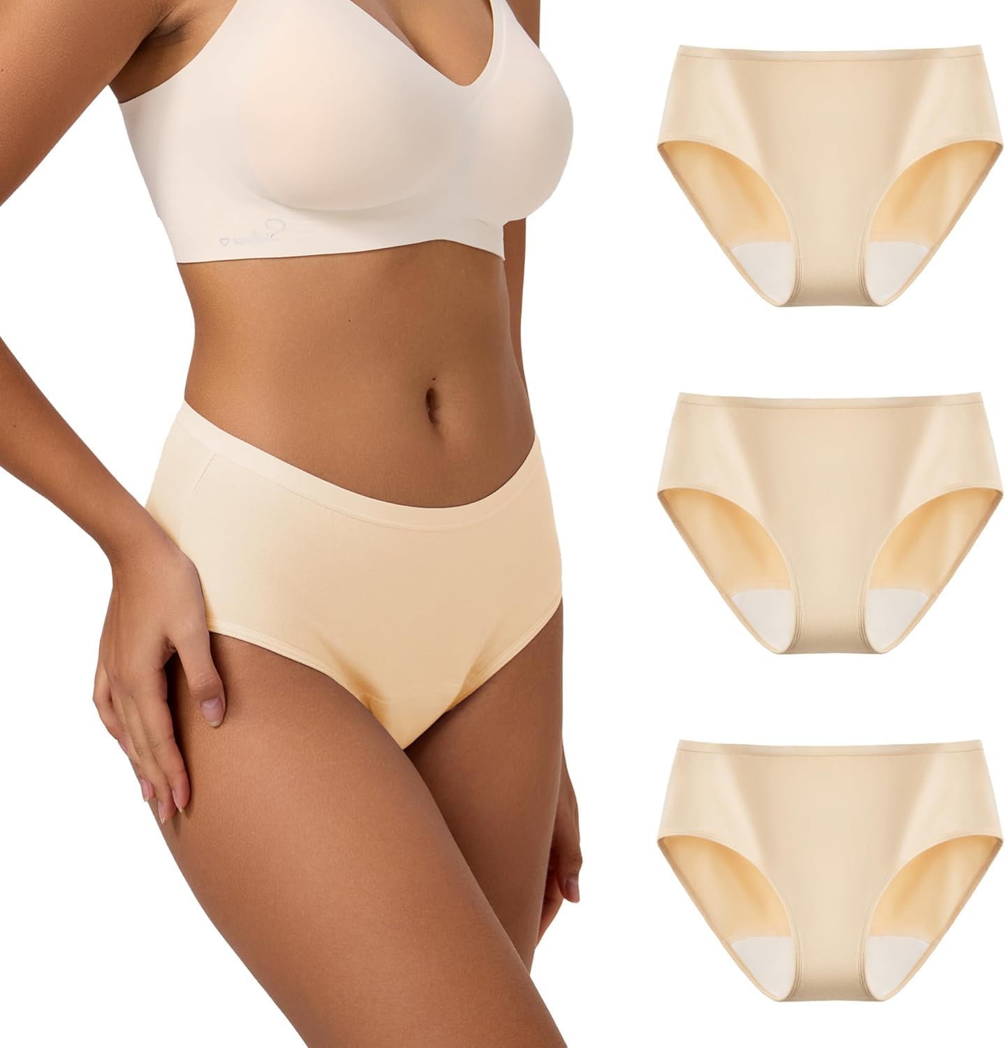 BATTEWA Inkontinenzunterwäsche für Damen, auslaufsicher, mittlere Taille, Schutzslip für postpartale Blasenkontrolle, waschbare Saugfähigkeit, 50 ml（Beige,M,3Stück)