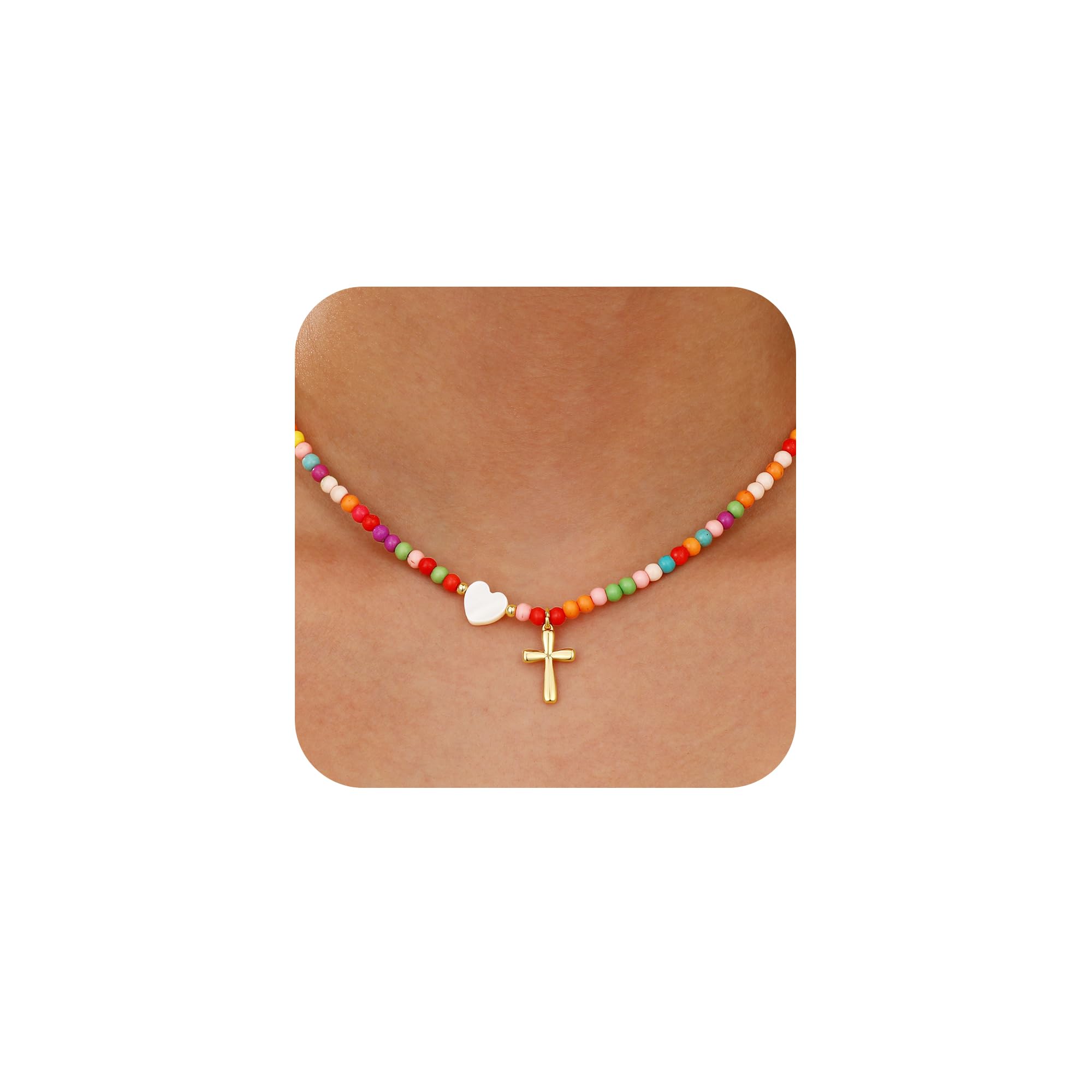 Colorful Beaded Cross Necklace for Girl Women, 18K Gold Plated Pendant Baptism Christian Religious Catholic Confirmation Jewelry Gifts for Teen Girl 15+2 Inches