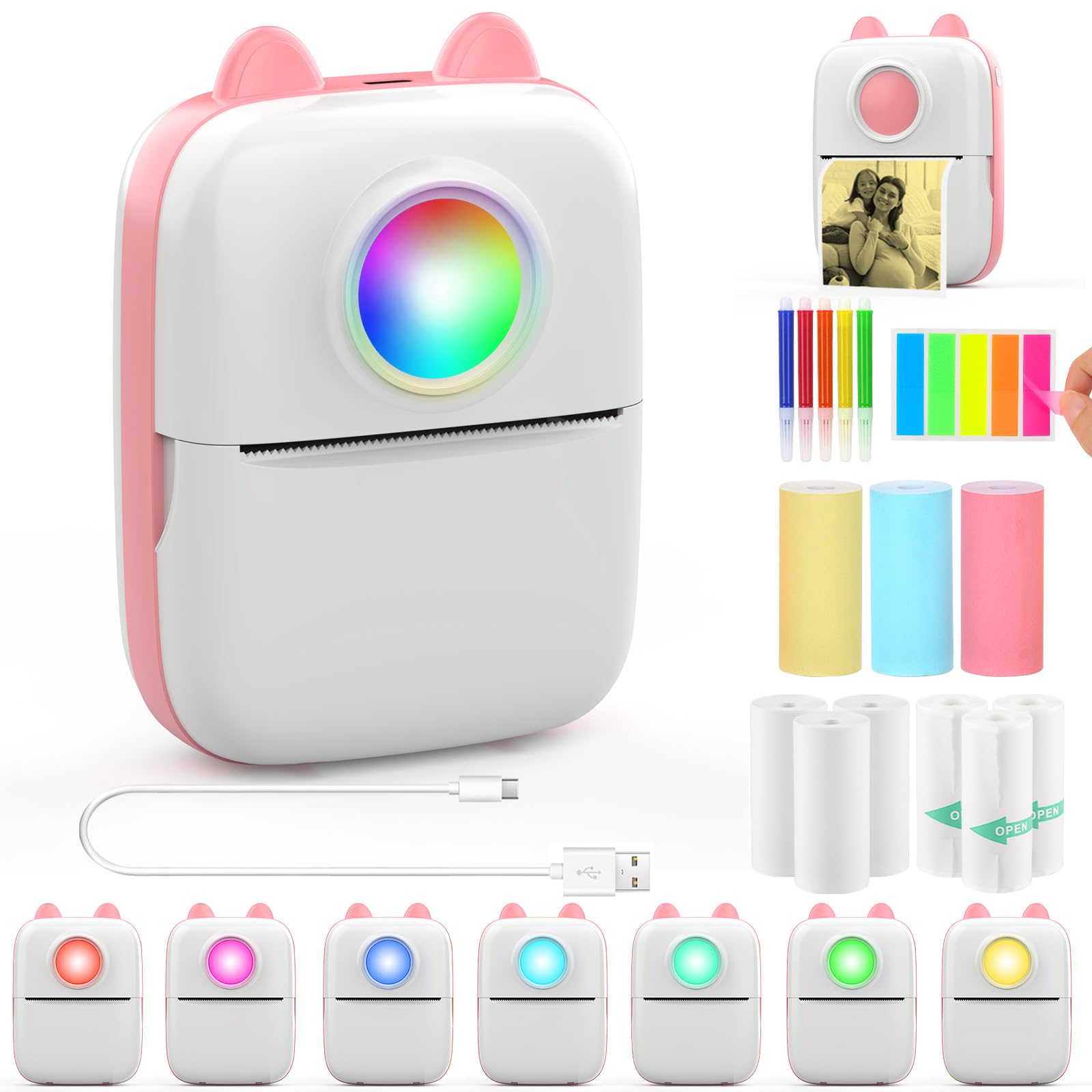 Mini Stampante Fotografica,Stampante Termica,immagine per foto, stampa di ricevute,stampante fotografica,con 10 rotoli di carta 1 adesivo per smartphone, per Fotografica Note Elenco Memo (Pink A)